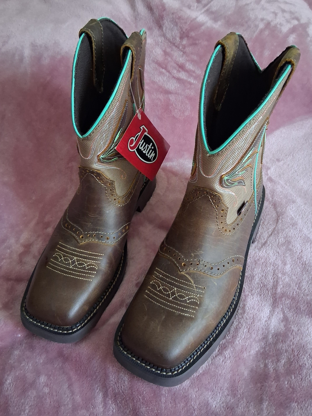 Justin Boots Women's Brown Western Pull-On Boots with Turquoise Trim
